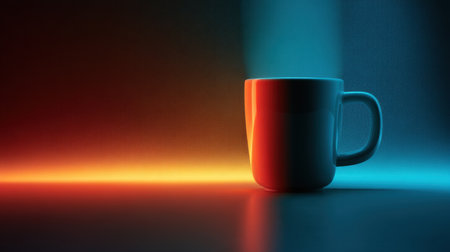 This captivating image showcases a white coffee mug illuminated by colorful lighting, creating an artistic play of reflections and shadows.の素材