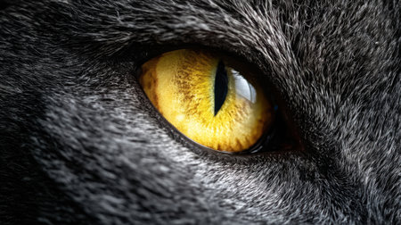 This stunning close-up captures the intricate texture of a black cat's fur along with the mesmerizing yellow eye. The sharp focus highlights the captivating details of the feline's gaze, showcasing the beauty and mystery of this animal. Perfect for animal lovers and photographers alike.の素材