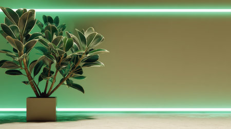 A stylish indoor plant with rich green leaves sits in a contemporary pot, complemented by a glowing neon light strip on the wall.の素材