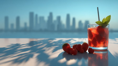 A delightful raspberry drink garnished with mint sits on a table, casting playful shadows, against a stunning city skyline at sunset.の素材
