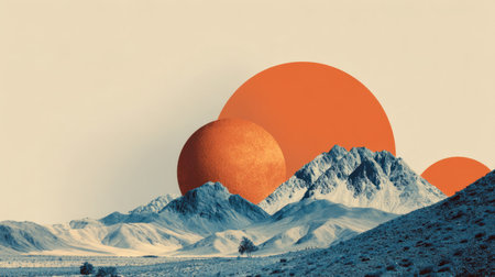 This stunning surreal landscape features majestic mountains paired with bold orange celestial bodies, creating a visually striking and artistic scene.の素材