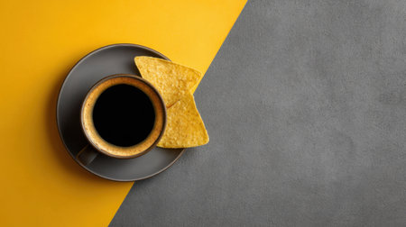 A stunning arrangement of rich black coffee served in a ceramic mug alongside a crispy snack, set against a vibrant yellow and gray background.の素材