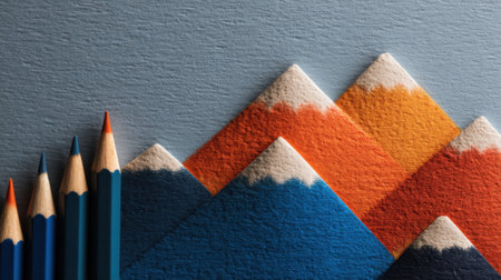 This image showcases vibrant colored pencils arranged alongside stylized mountain peaks, emphasizing texture and bold colors. Perfect for educational or artistic themes.の素材