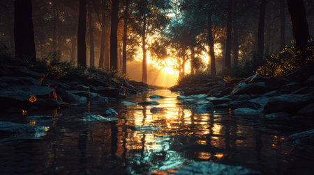 A serene scene featuring a calm river reflecting the warm sunlight filtering through trees in a tranquil forest, capturing nature's beauty.の素材