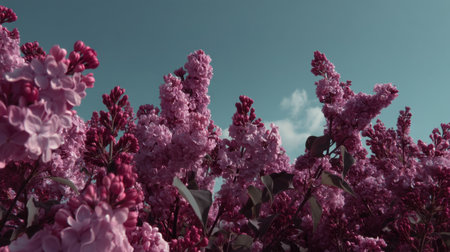 A stunning scene featuring vibrant lilac blossoms reaching towards a bright sky adorned with fluffy white clouds on a beautiful spring day.の素材