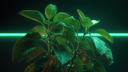 A close-up of lush green plant leaves illuminated by soft neon light in a dark atmosphere, offering a modern aesthetic that enhances tranquility and beauty.の素材