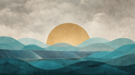 This artistic illustration portrays a serene landscape with solar panels on the water, waves, and a golden sun under cloudy skies, representing eco-friendly innovation.の素材