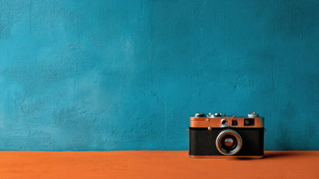 A vintage camera rests on an orange surface in front of a textured blue wall, creating a striking visual contrast perfect for artistic photography presentations.の素材