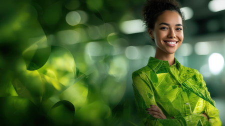 A joyful woman stands confidently in a green leaf-patterned outfit, surrounded by soft greenery, embodying a spirit of nature and positivity.の素材