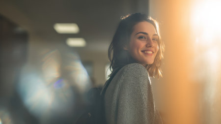 A young woman radiates joy and confidence in a bright indoor setting, basking in warm light that enhances her cheerful expression.の素材