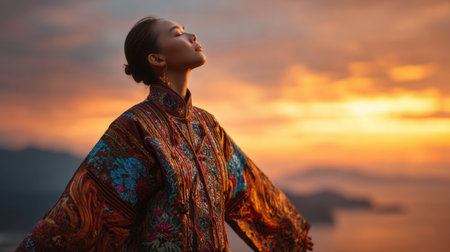 A serene woman in a traditional garment stands against a breathtaking sunset backdrop, embodying peace and elegance amidst nature's beauty.の素材