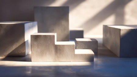 A collection of minimalist geometric shapes illuminated by soft sunlight, creating dynamic shadows on a textured surface, ideal for design inspiration.の素材