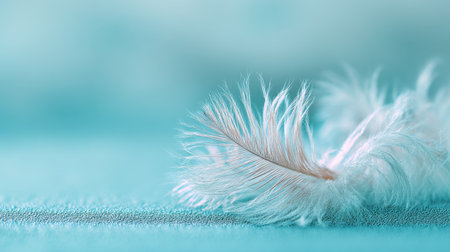 A close-up view of a fragile white feather resting on a smooth aqua surface, reflecting a sense of calm and elegance in natureの素材