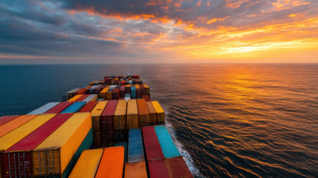 A stunning view of colorful shipping containers stacked on a cargo ship at sunset, with vibrant orange and blue hues reflecting in the tranquil ocean waters.の素材