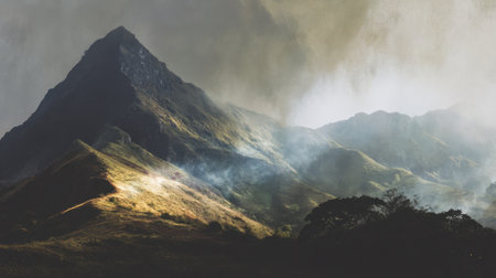 Explore the captivating beauty of a majestic mountain landscape shrouded in mist and dramatic clouds, perfect for nature lovers.の素材