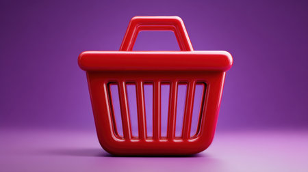 A striking 3D red shopping basket icon set against a vibrant purple backdrop, perfect for e-commerce, marketing, and retail themes.の素材