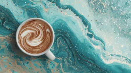 A captivating top view of a coffee cup with beautiful foam art, set against a vibrant abstract background of aqua and cream colors.の素材