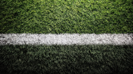 This detailed image showcases a close-up view of green artificial grass featuring a prominent white line, ideal for various sports, particularly soccer.の素材