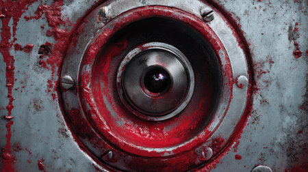 This image captures a close-up of a rusty metal surface featuring a circular lens with red smudges, evoking an industrial and mysterious atmosphere.の素材