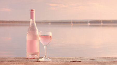 A tranquil scene featuring a bottle and glass of rose wine on a wooden table by calm waters at sunset, perfect for relaxation and social gatherings.の素材