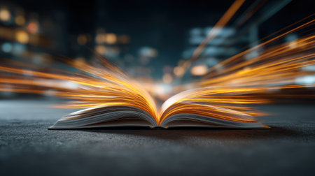 An open book surrounded by vibrant light trails symbolizes knowledge and creativity in an urban nightlife setting, evoking wonder and inspiration.の素材