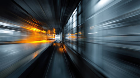 Experience the vibrant motion of a train speeding through a modern urban landscape. The blurred lines and dynamic light create an exciting view of contemporary transportation.の素材