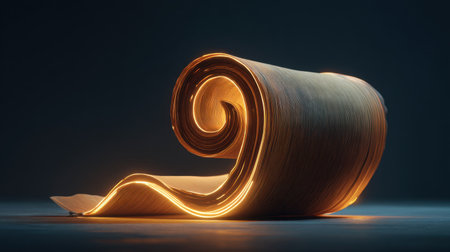 A beautifully illuminated paper scroll curls gracefully, showcasing soft glowing light against a dark backdrop, perfect for creative projects.の素材