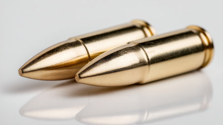 This image features two polished brass bullets showcased on a white surface, highlighting their metallic sheen and intricate details. Perfect for themes of security, firearms, or technical design.の素材