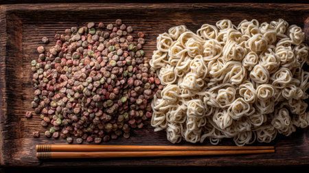 This image showcases a beautiful wooden platter featuring colorful lentils next to cooked noodles, accented by chopsticks. Perfect for food photography and culinary inspiration.の素材