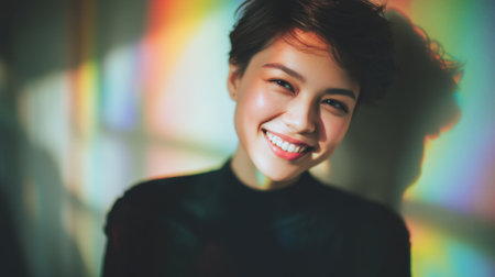 A cheerful woman with short hair beams a bright smile as colorful reflections cast playful shadows across her face, creating a lively atmosphere.の素材