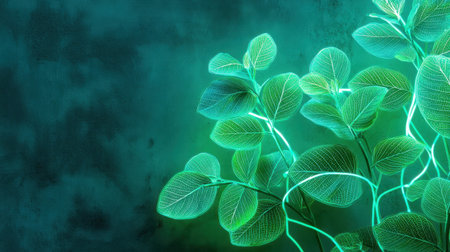 This image captures the beauty of glowing green leaves against a dark backdrop, creating a vibrant and calming atmosphere perfect for nature themes.の素材
