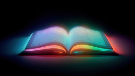 An enchanting open book radiates colorful lights in a dark backdrop. This abstract imagery conveys imagination, knowledge, and creativity, perfect for art projects.の素材