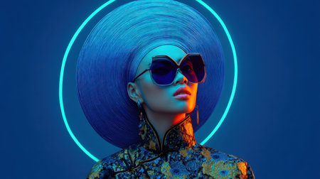 A captivating portrait of a stylish model adorned with bold sunglasses and a vibrant neon headpiece, perfect for modern fashion projects.の素材
