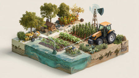 A vibrant and detailed depiction of a modern farm featuring a tractor, crops, farmhouse, and advanced water management systems showcasing sustainable practices.の素材