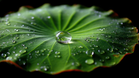 A stunning close-up image featuring a vibrant green lotus leaf, adorned with glistening raindrops that capture the essence of nature's beauty.の素材