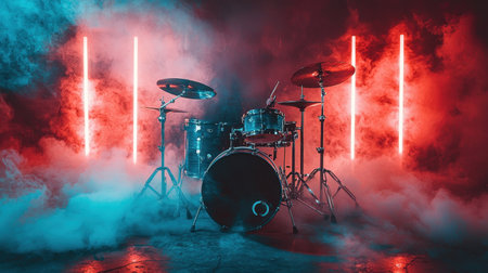 A stunning visual of a drum set illuminated by vibrant neon lights and enveloped in smoke, perfect for capturing the energy of music and performance.の素材