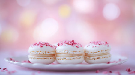 A visually stunning arrangement of white macarons topped with pink flower petals, perfect for celebrations, desserts, or romantic occasions.の素材