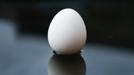 A simple and elegant white egg rests on a smooth surface, creating a stunning reflection against a dark background, emphasizing minimalism.の素材