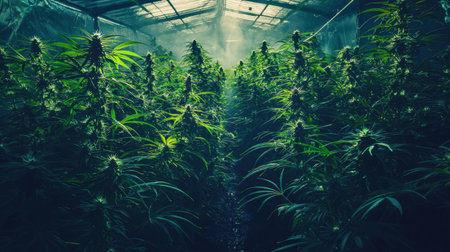 A vibrant greenhouse filled with lush green cannabis plants thriving under natural light. The scene captures the essence of indoor cultivation and agriculture, showcasing the beauty and vitality of nature.の素材