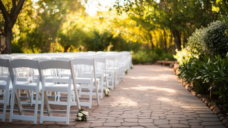 This stunning outdoor wedding venue captures a bright and serene atmosphere with white chairs arranged along a sunlit pathway, surrounded by greenery and flowers, perfect for a romantic ceremony.の素材