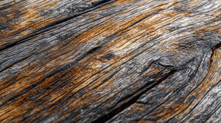 This close-up image captures the intricate details of a weathered timber surface, showcasing its unique grain and texture, ideal for backgrounds or design projects.の素材
