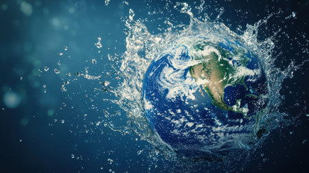A stunning image of the Earth emerging from water, creating a dynamic splash effect against a blue backdrop. This visual evokes themes of environmental awareness and global responsibility.の素材