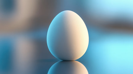 A pristine white egg sits on a glossy surface, illuminated by soft blue light, creating a serene and tranquil ambiance perfect for artistic projects.の素材