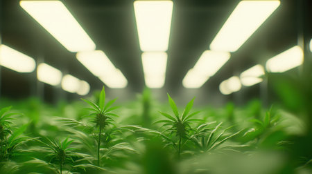 Lush green marijuana plants thrive under bright grow lights in an indoor hydroponic setting, showcasing advanced agricultural techniques and vibrant growth.の素材