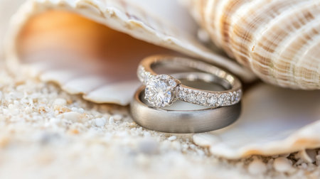 A stunning diamond ring elegantly placed inside a seashell on sandy beach, symbolizing love and commitment amidst nature's beauty.の素材