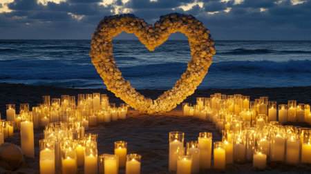 A captivating beach scene featuring a heart-shaped floral arrangement surrounded by warm glowing candles, perfect for romantic occasions.の素材