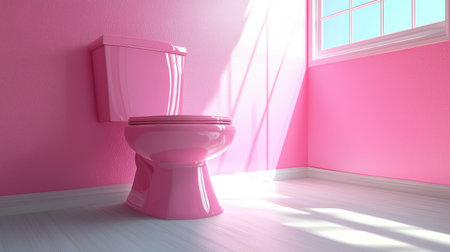 A vibrant pink bathroom interior featuring a modern toilet, illuminated by natural light. This playful space radiates comfort and stylish decor, perfect for adding a cheerful touch to any home.の素材