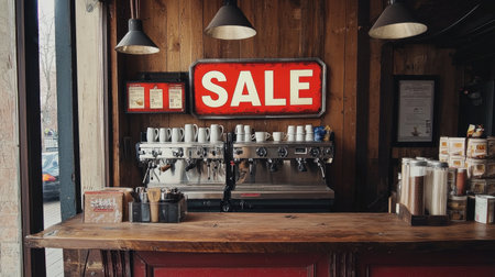 Cozy coffee shop interior featuring a vintage espresso machine and a bright sale sign against rustic wooden decor inviting customers to enjoy a warm beverage.の素材
