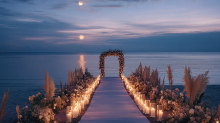 A stunning beach wedding setup showcasing a beautiful floral arch and glowing candles lining a soft pathway, perfect for evening ceremonies.の素材