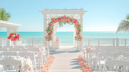 A stunning beach wedding setup with a floral archway overlooking the ocean, creating a romantic atmosphere and perfect backdrop for unforgettable moments.の素材